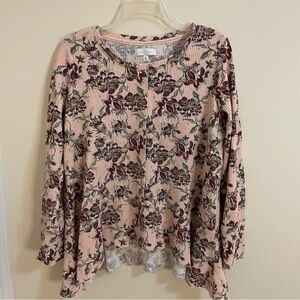 New Directions Floral Thermal Waffle Knit Top in Peach & Burgundy Women’s Sz XL